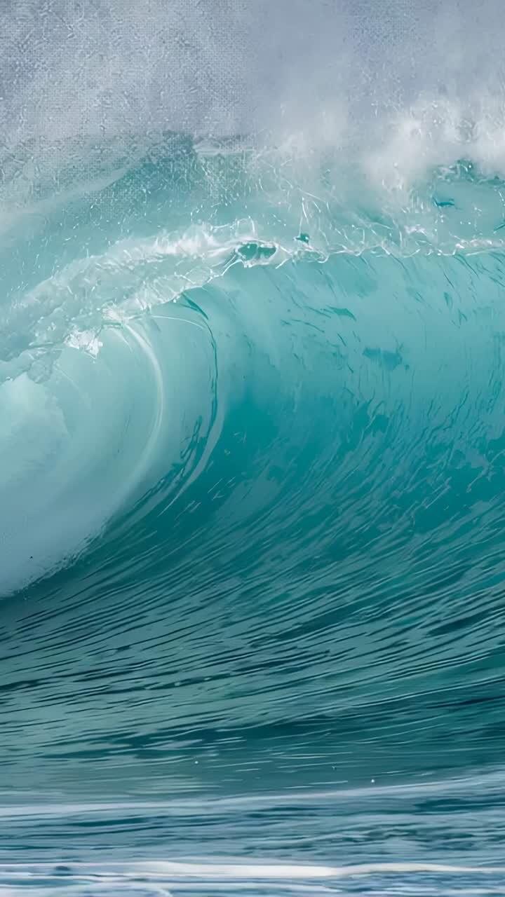 Vertical video: Approaching swell forming teal barrel over reef, causing white foam and spray