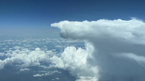 flying across the sky near a huge storm cloud on the right side