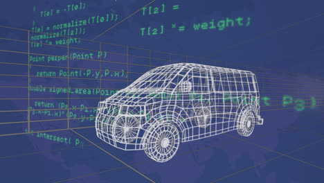 animación de dibujo de coche 3d conduciendo con procesamiento de datos sobre la cuadrícula