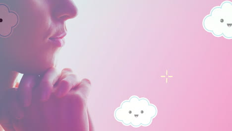 profile of person with cute smiling cloud animations on pink background