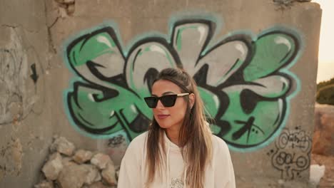 modern rebel young woman posing in front of some graffiti