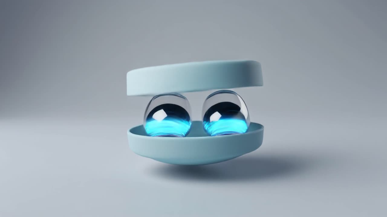 Animazione 3D minimalista di un contenitore che si apre con sfere luminose