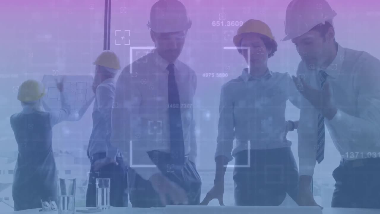 Animation af matematisk databehandling over gruppe af arkitekter, der arbejder sammen
