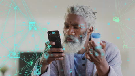 animation of network of connections with icons over senior african american man taking pills