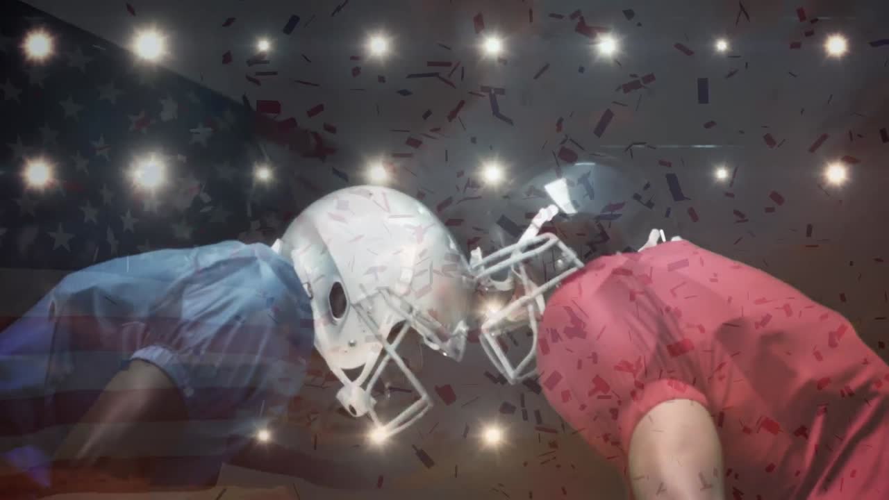 Animazione di bandiera USA che sventola e coriandoli che cadono su giocatori di football americano