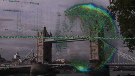 tower bridge with digital glitch and colorful data processing animation overlay