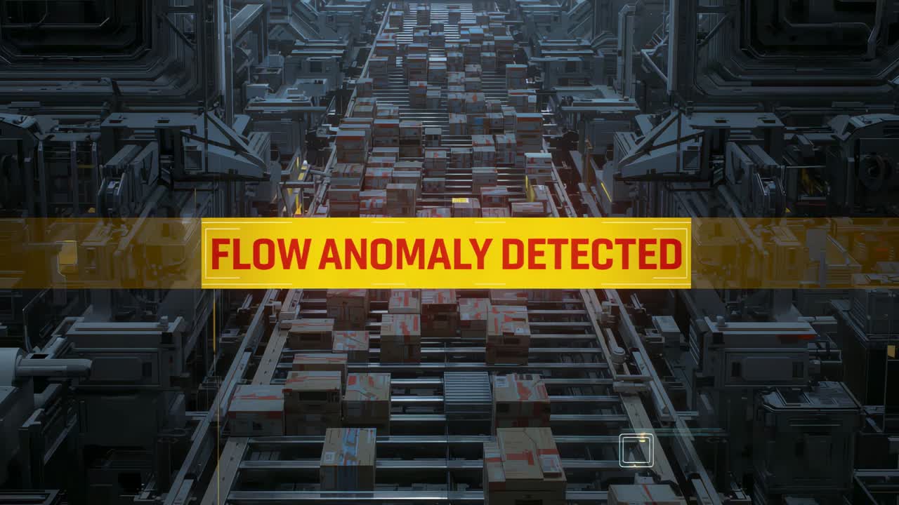 Displaying warehouse alert appearing FLOW ANOMALY DETECTED banner over conveyor, parcels moving