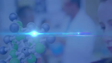 animation of blue light spot over caucasian girl studying using molecular structures model at school