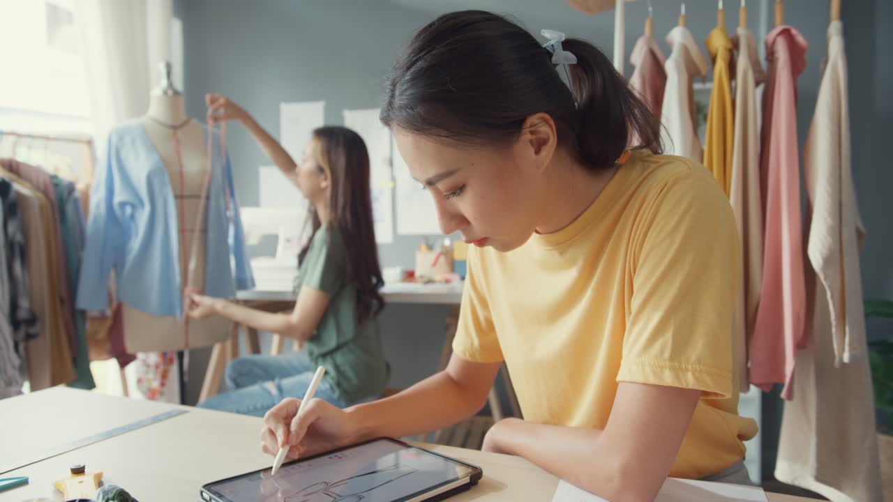 Two professional Asia lady fashion designer with casual use digital tablet create new collection in her shop. Lady tailor study draw sketch on tablet pad and use tape measure in dummy design pattern.