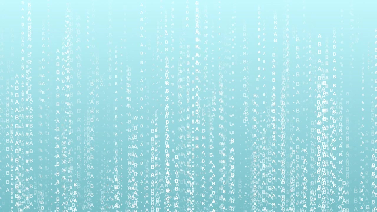 Digital Matrix Rain of Falling Letters on Light Blue Background