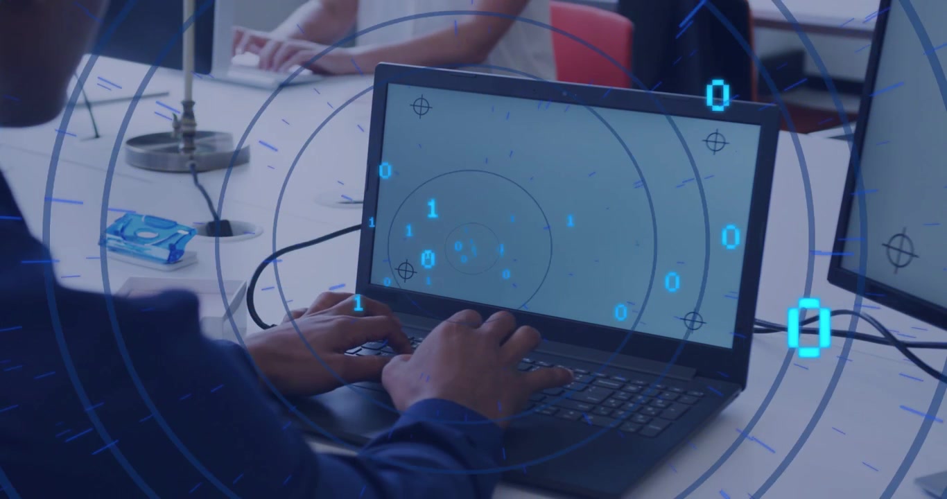 Woman typing on laptop in tech lab, initiating binary holograms over laptop while visualizing data