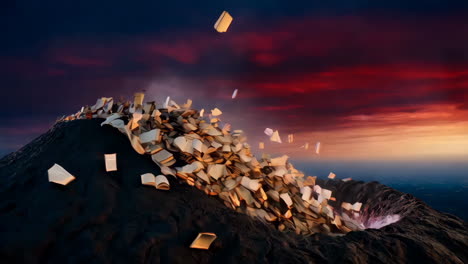 books erupting from a mountain crater