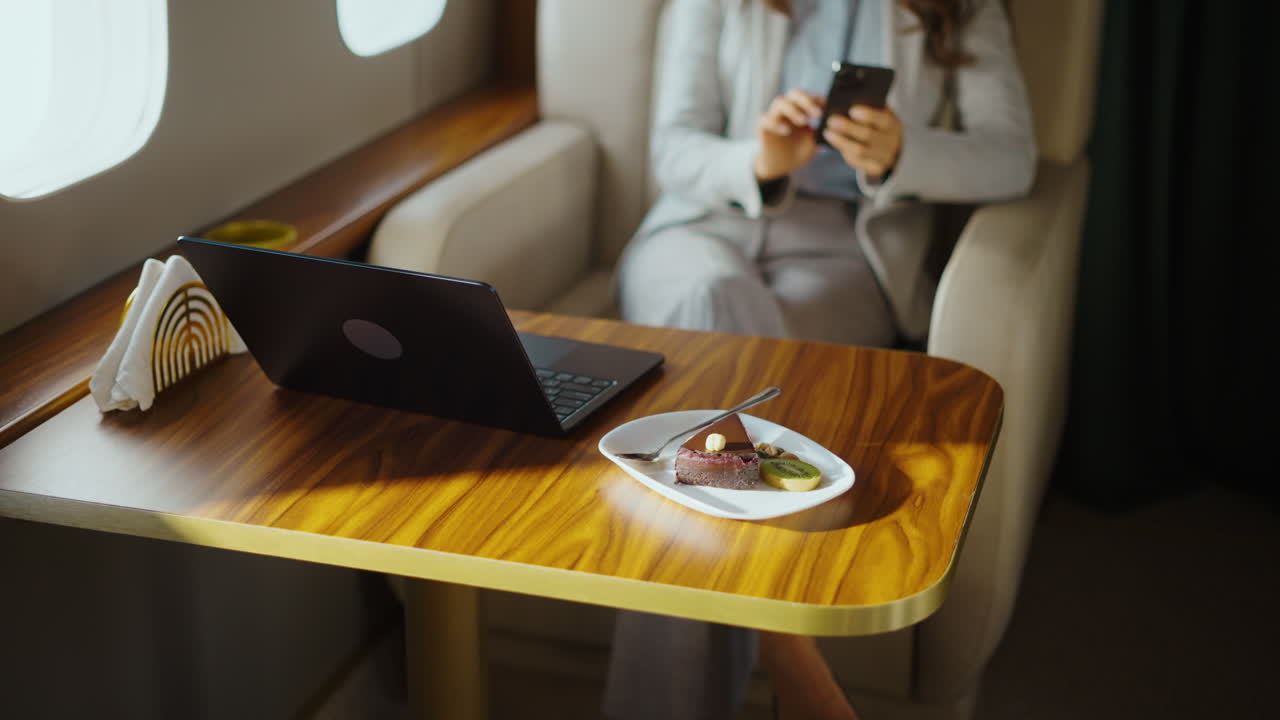 Businesswoman working and relaxing on a private jet