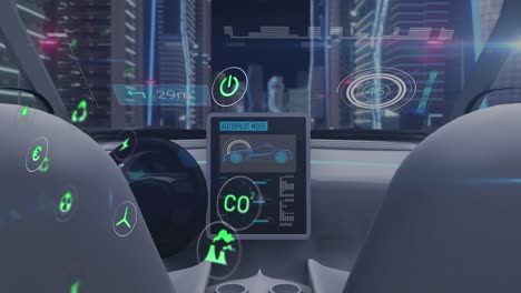 animation of data processing and ecology icons over car and city