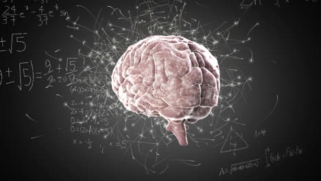 animación de ecuaciones matemáticas y diagramas sobre puntos iluminados alrededor del cerebro humano.