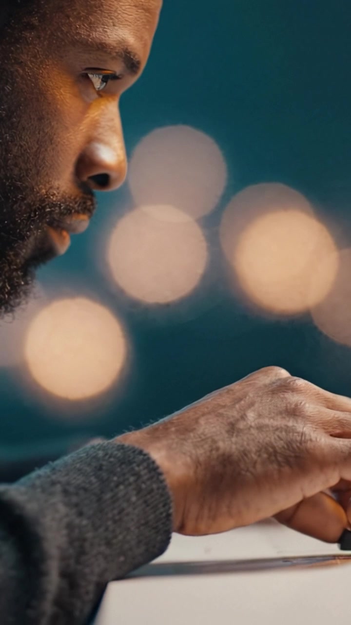 Uomo concentrato intento a scrivere o creare arte, illuminato da luci bokeh soffuse sullo sfondo, che mette in mostra concentrazione e creatività in un ambiente accogliente.