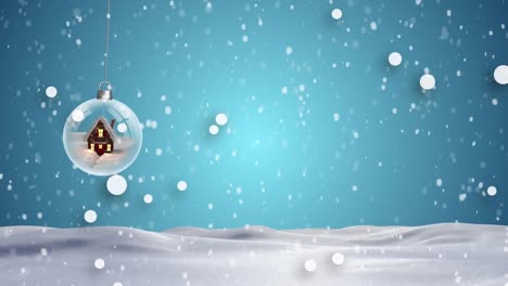 Animation-of-christmas-ball-over-snow-falling-on-blue-background