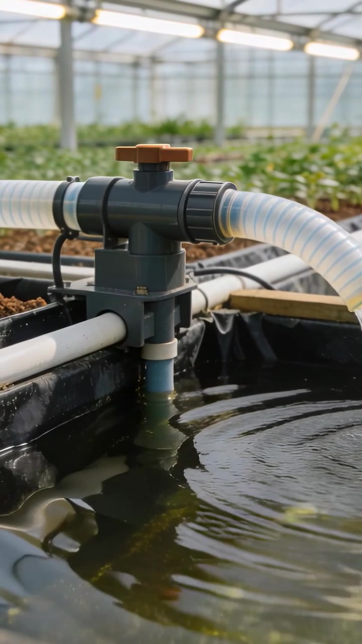 Video verticale: Tubo che eroga acqua e valvola grigia, manopola arancione che crea increspature in serra per irrigare.