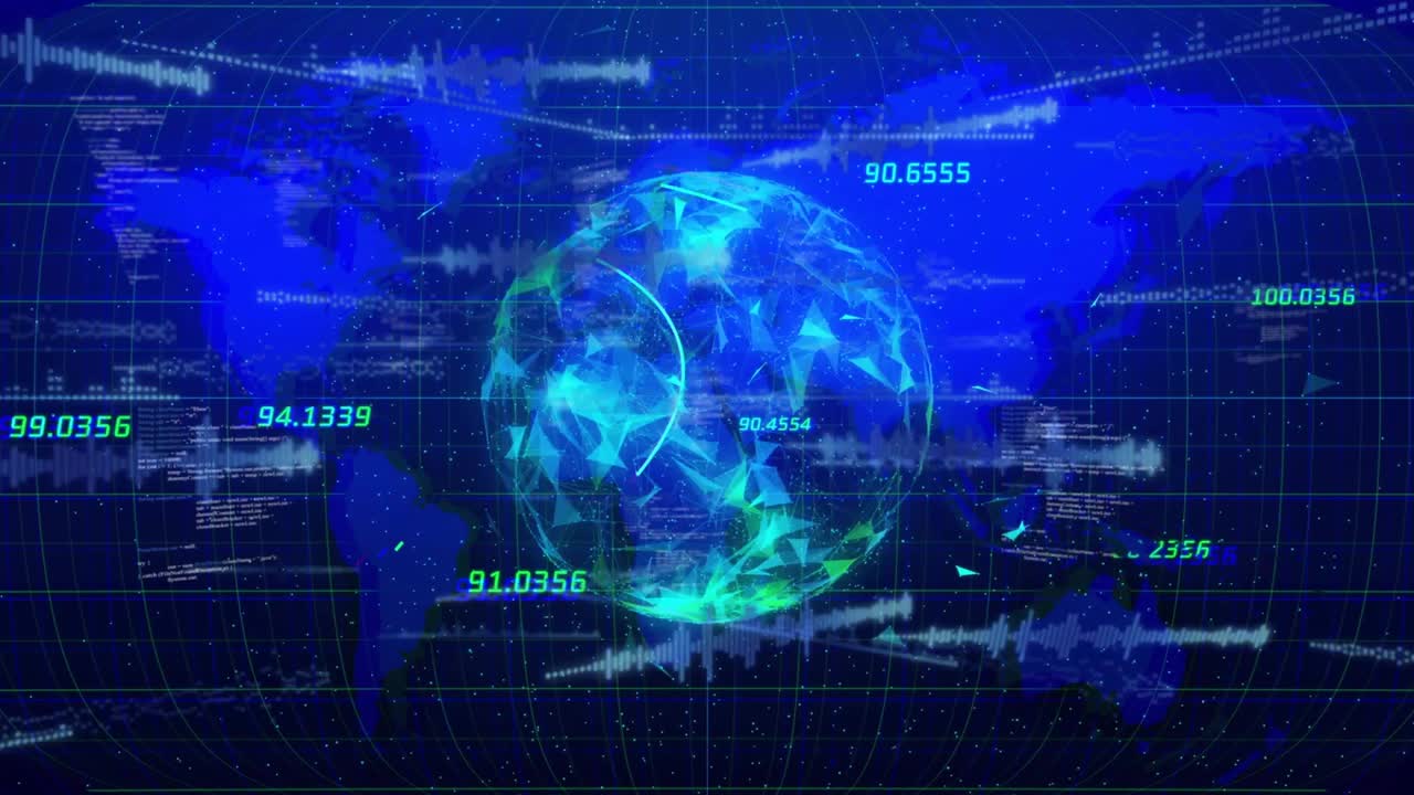 On start glowing mesh globe emerging with trajectory arcs and code streams visualizing flight data