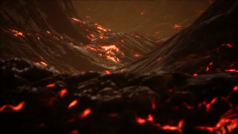 lava fundida roja y vibrante que fluye sobre un campo de lava gris y una tierra rocosa brillante