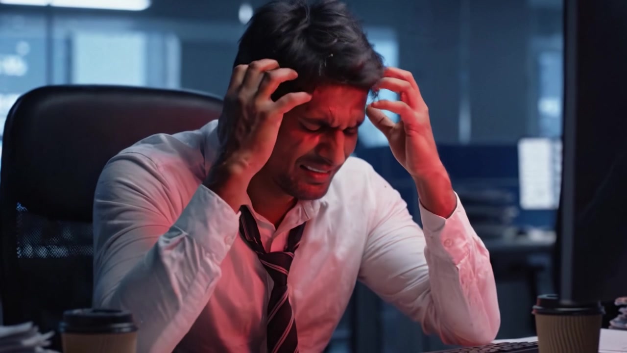 Intense Focus and Frustration in the Office: A Dedicated Professional Battling with Stressful Tasks at His Computer in a Dimly Lit Workspace