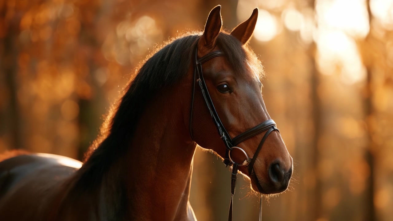 Un Cavallo Maestoso nella Luce Autunnale: Catturare la Bellezza di un Elegante Equino in un Lussureggiante Ambiente Forestale Durante l'Ora d'Oro