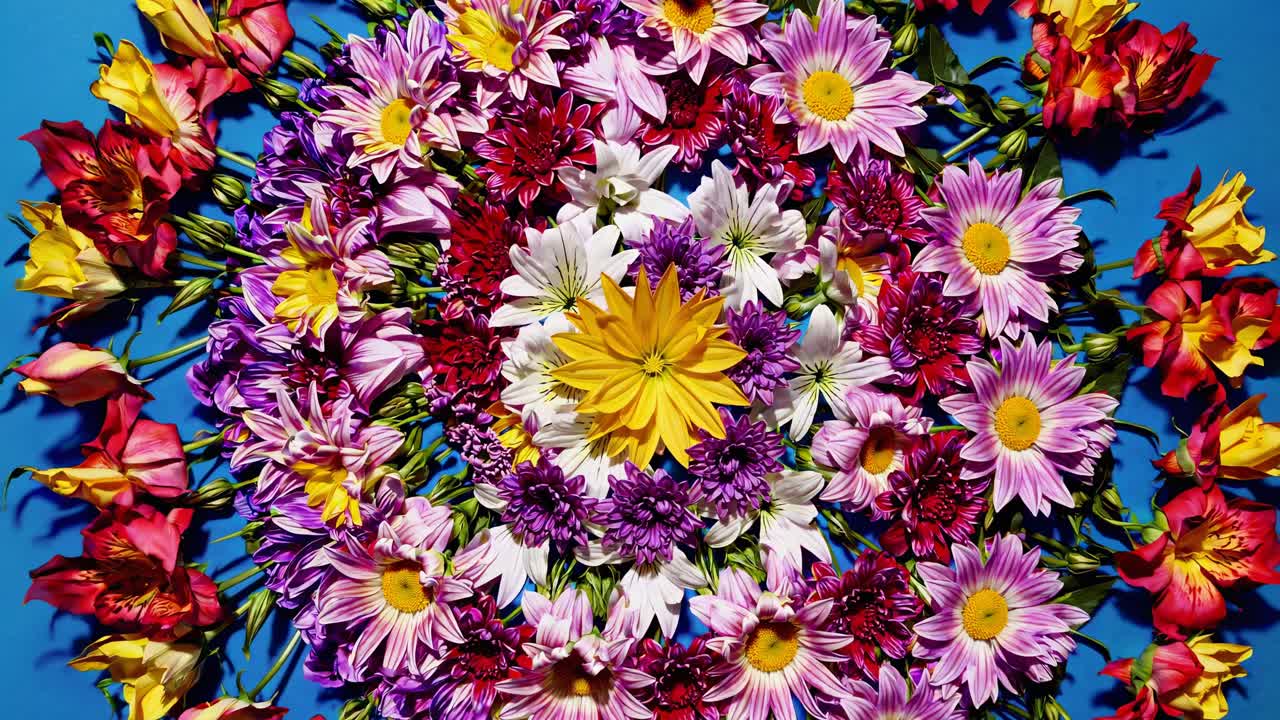 Un vibrante mandala di fiori su uno sfondo blu, catturato da un'angolazione dall'alto