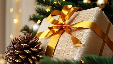 una caja de regalos dorada atada con una cinta se sienta en un árbol de navidad decorado
