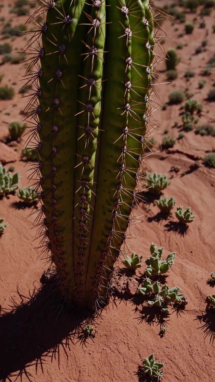 Primo piano di un cactus spinoso in un paesaggio desertico rosso.