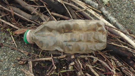 un primer plano de una botella de plástico en la playa
