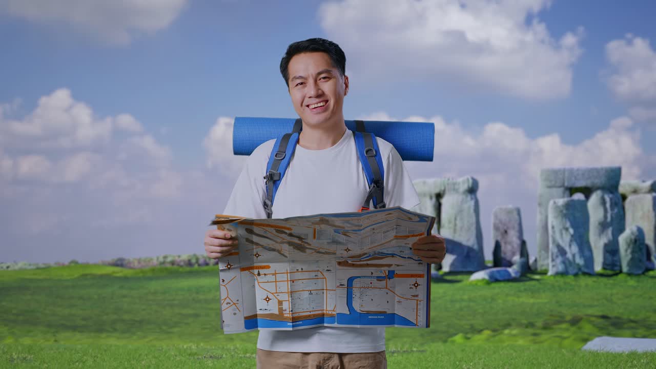 Asian Male Hiker With Mountaineering Backpack Looking At The Map Then Smiling To Camera While Traveling In Stonehenge