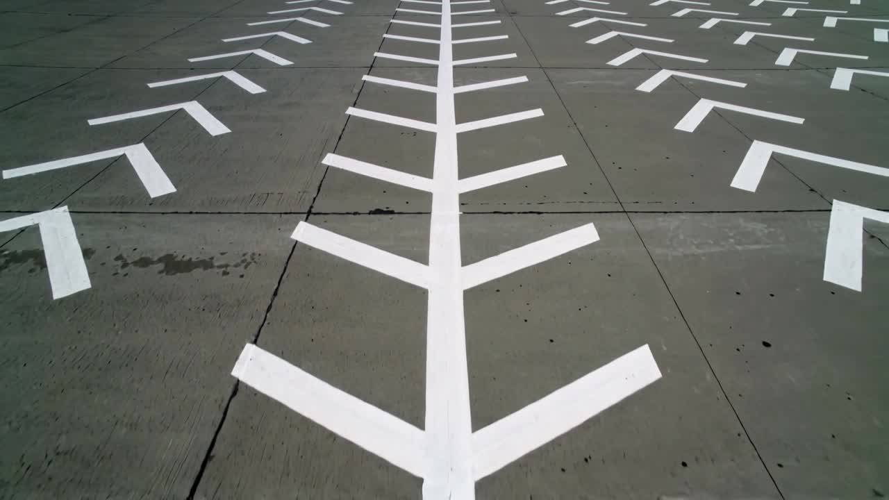 Moving camera revealing central white chevron spine on parking lot pavement, showing perspective
