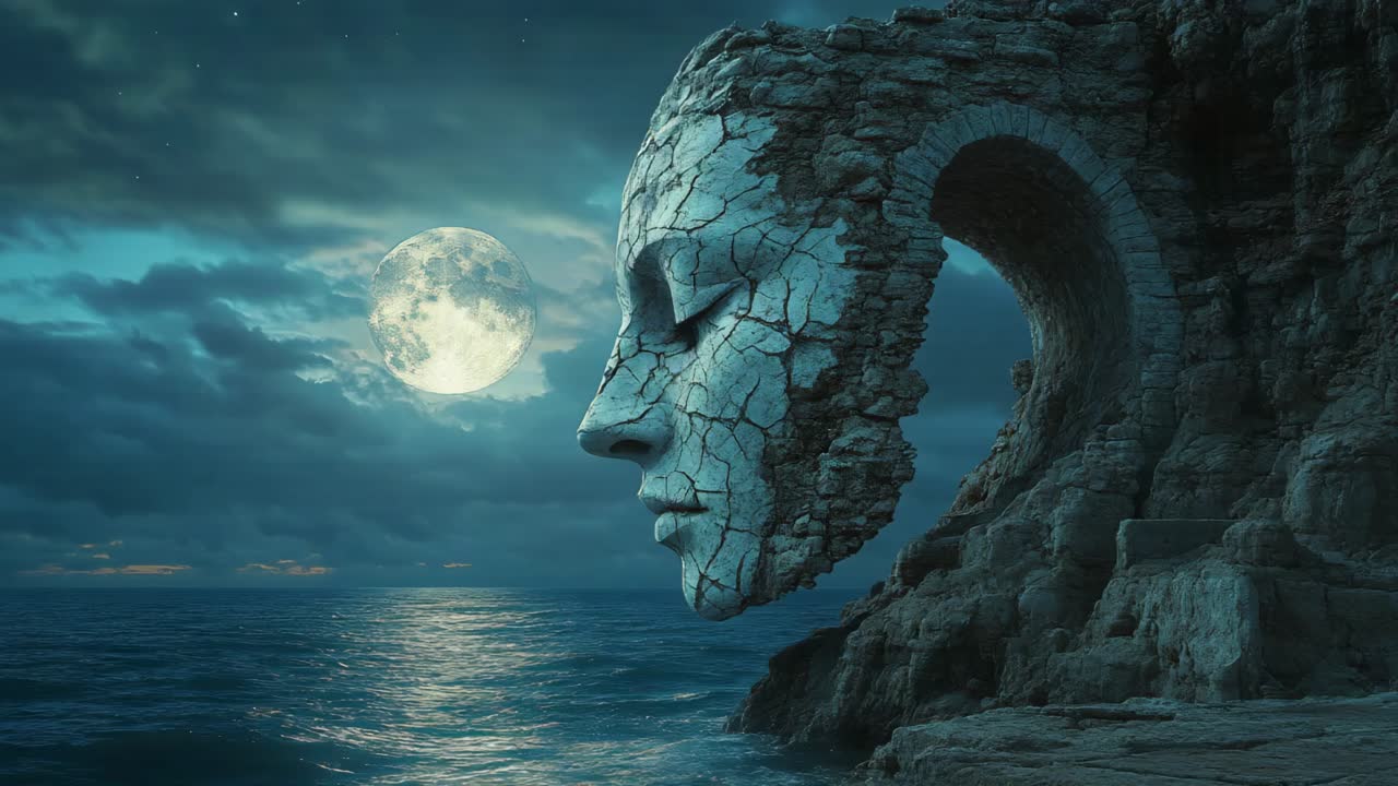 Ancient Face on a Cliffside at Night