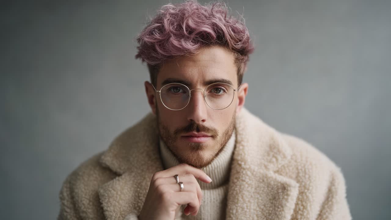 Un giovane uomo elegante con capelli rosa e occhiali che posa pensieroso in un ambiente con illuminazione soffusa, mettendo in mostra la moda contemporanea e uno stile personale unico