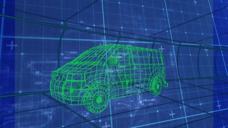 Animation-of-green-vehicle-in-graphical-user-interface-moving-over-blue-grid-pattern
