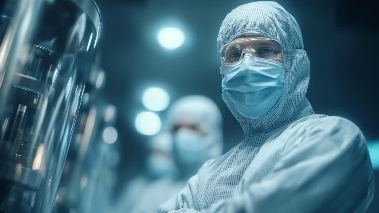 Tecnici altamente qualificati in indumenti protettivi collaborano in un ambiente di camera bianca, garantendo condizioni sterili per la ricerca scientifica avanzata e la produzione