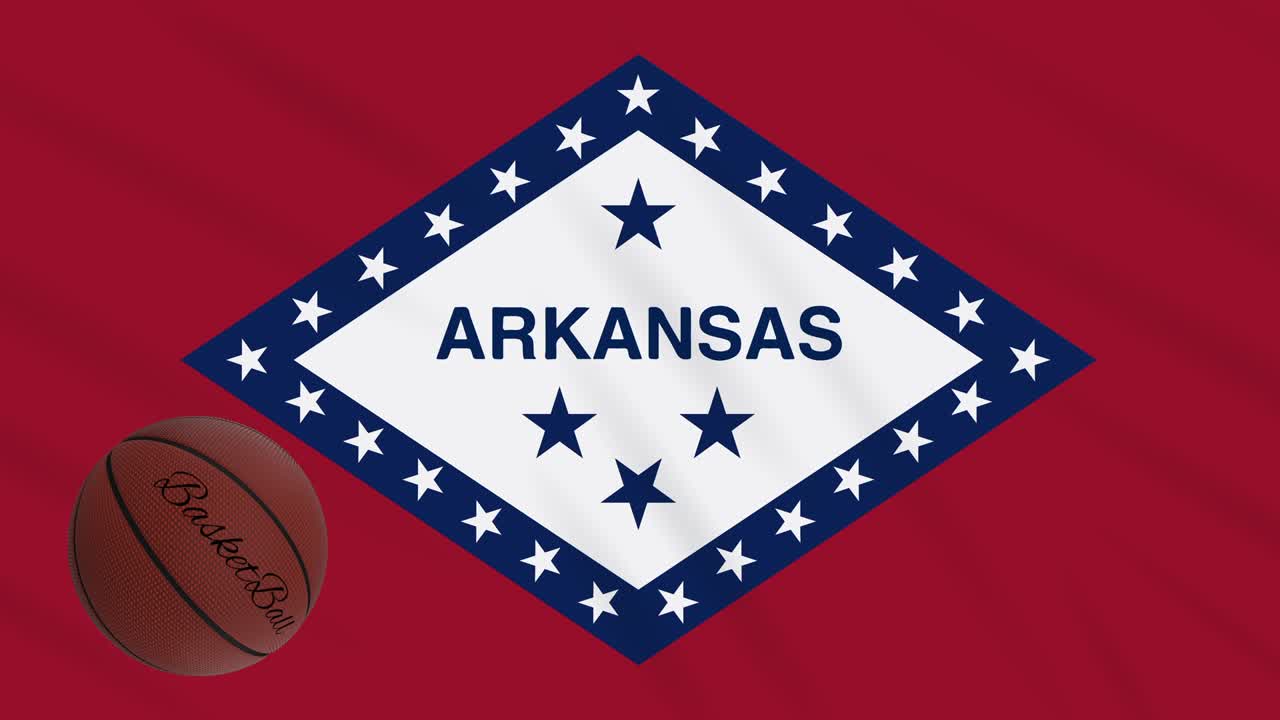 bandera de arkansas agitando y la pelota de baloncesto gira, bucle