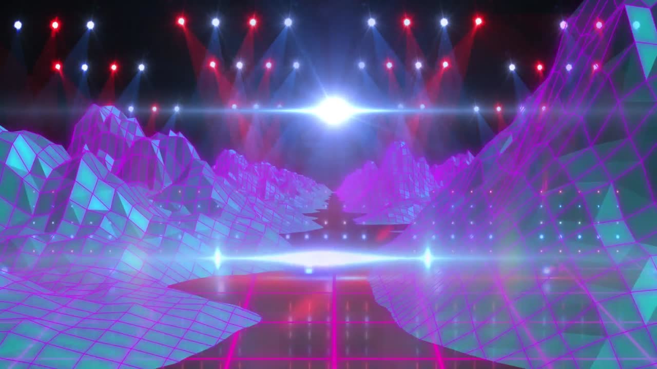 디지털 산과 빛의 흔적이 검은 바탕에 있는 스포트라이트 위에 있는 애니메이션