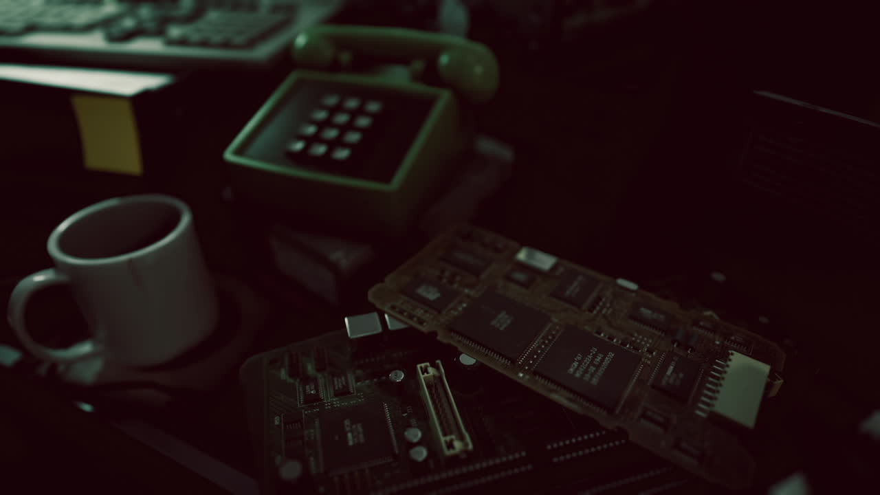 Old electronics and a vintage phone beside a coffee cup in dim lighting