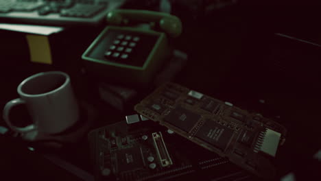 old electronics and a vintage phone beside a coffee cup in dim lighting