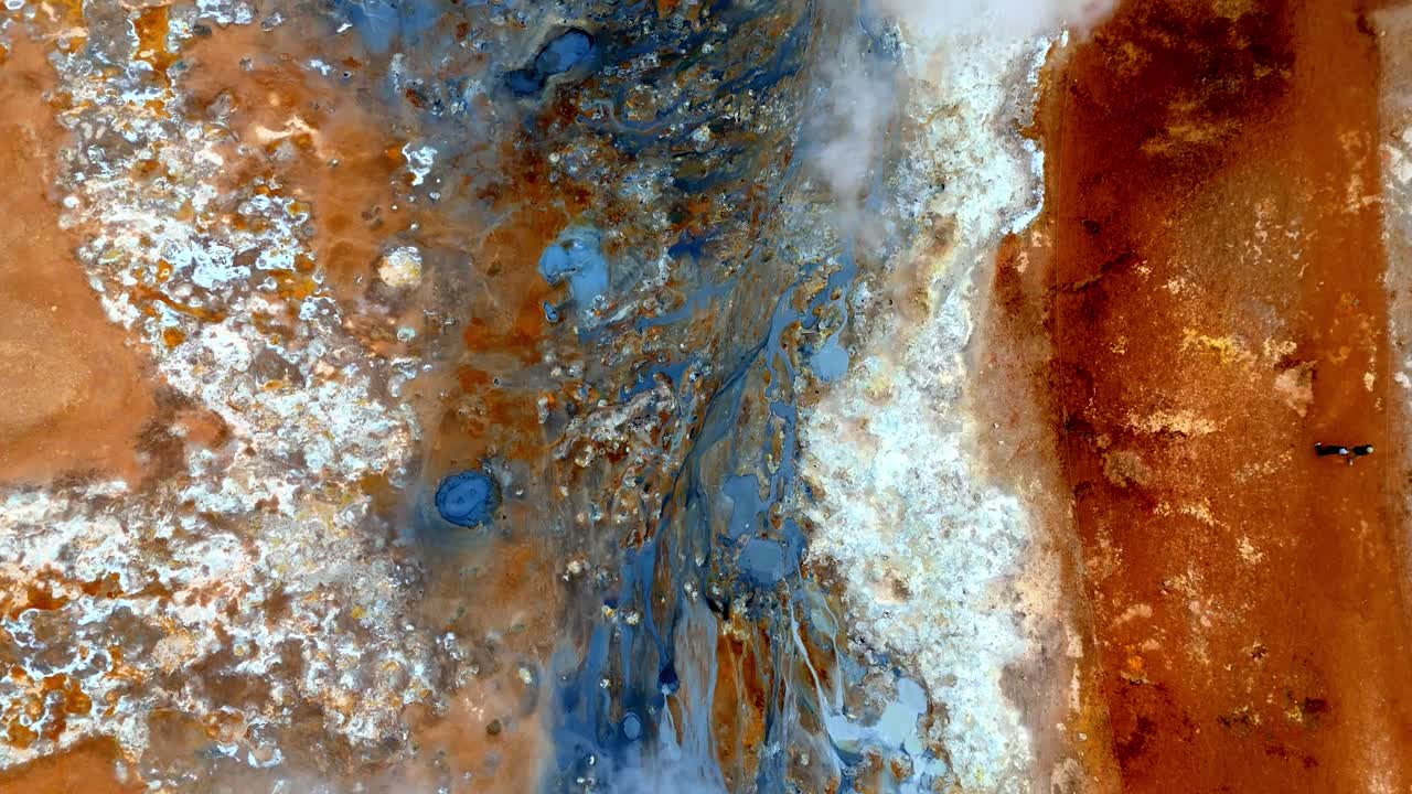 Drone footage of the sulfuric geothermal fields at Námafjall Hverir in northern Iceland. This alien-like landscape is filled with steaming vents, bubbling mud pots, and vivid yellow sulfur deposits