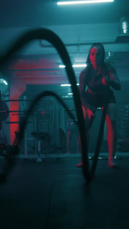 Female-athlete-exercises-with-battle-ropes-in-dark-boxing-gym-with-LED-lighting.-Female-boxer-does-cardio-or-endurance-workout-before-championship-fight.-Vertical-shot