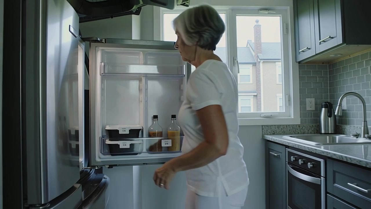 Opening steel fridge, senior woman taking stacked labeled containers for meals at home
