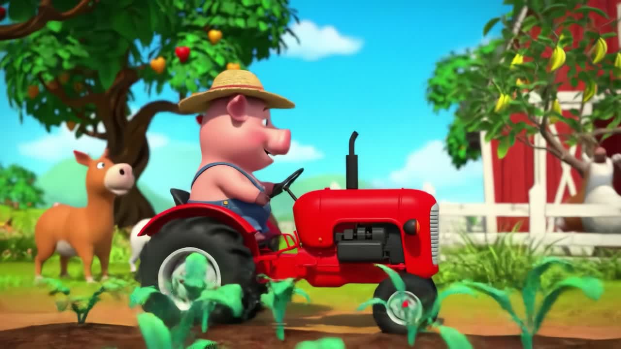 A cheerful cartoon pig happily rides a bright red tractor through a vibrant farm scene, surrounded by lush greenery, playful animals, and a picturesque barn backdrop