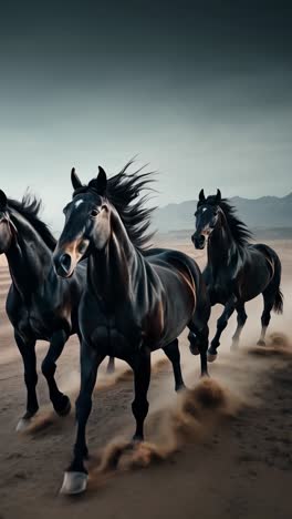 dynamic low-angle shot of galloping horses on a dusty plain, capturing motion and energy