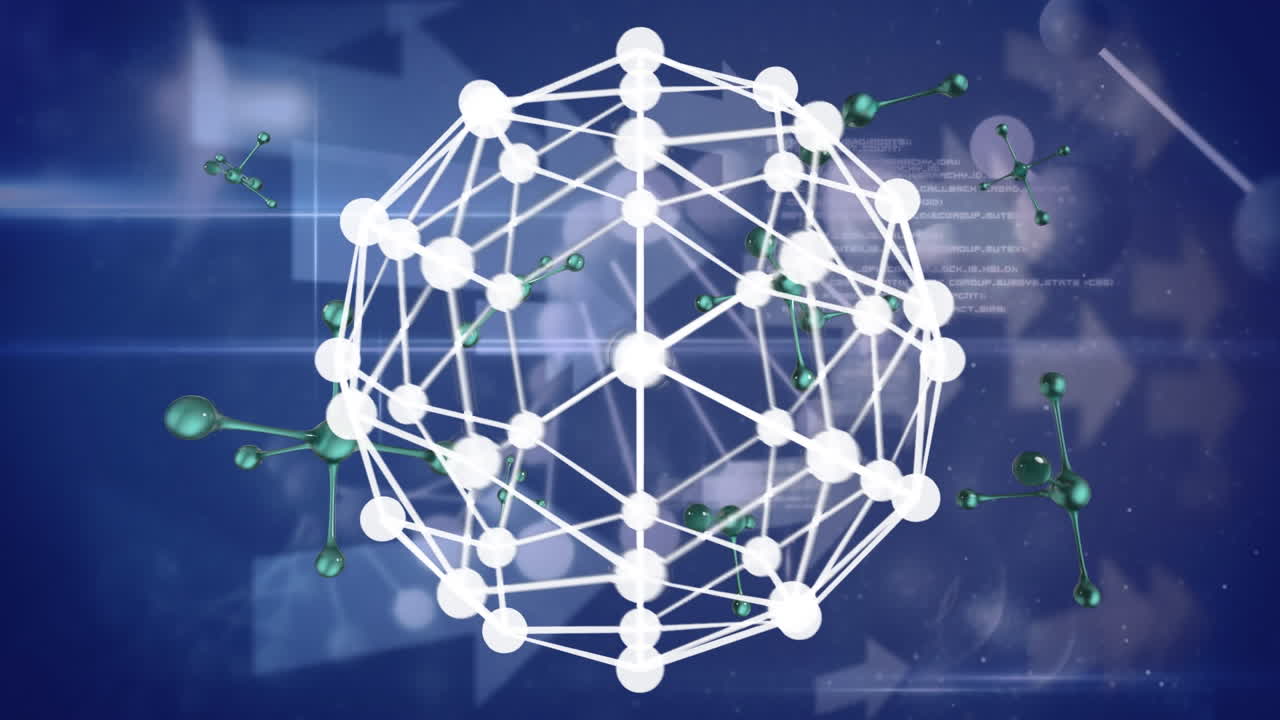 animación del globo de conexiones sobre moléculas y procesamiento de datos sobre fondo azul