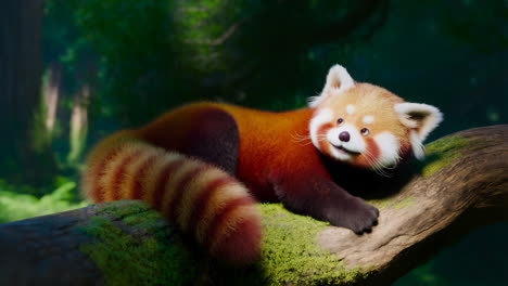 red panda relaxing on a mossy branch