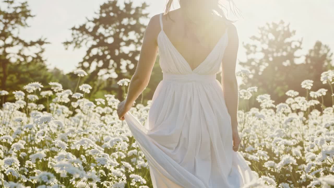 A serene video captures a woman in a flowing white dress walking through a field of daisies, shot