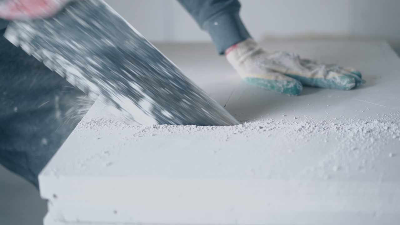 숙련 된 노동자 는  ⁇  을 들고 큰  ⁇  자석판 을 잘라