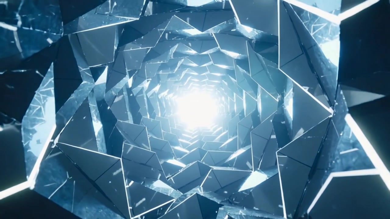 Telecamera che si muove attraverso una spirale mentre la luce sale, sfaccettature che si inclinano, cuciture che brillano come schegge mostrando un arco blu.